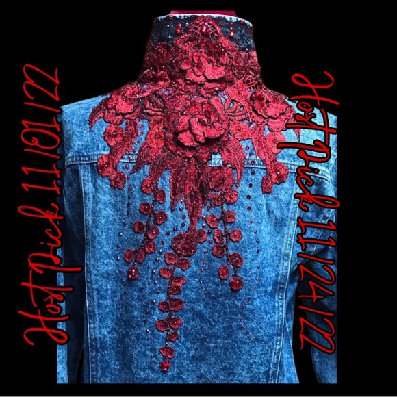 Pamynthia Designs Jackets & Blazers - Red Dianthus Embellished Denim Jacket- Ladies Jean Jacket- Red Denim Jacket